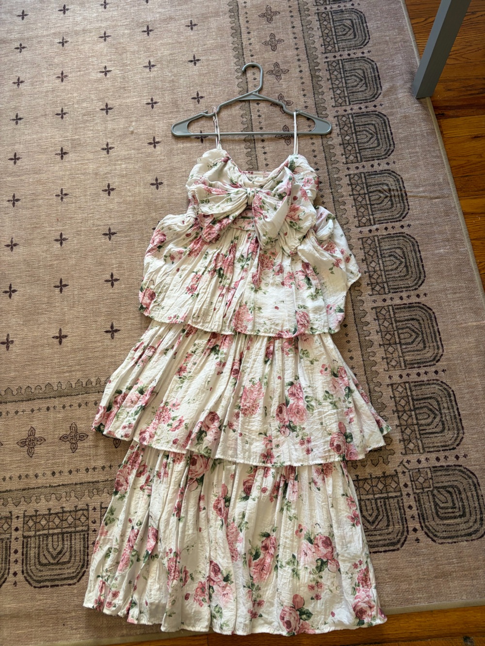 Floral Tiered Ruffle Dress - Cream with Pink Roses